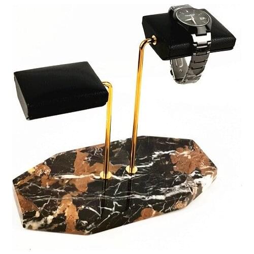 Marble Base Gold Support Rod Watch Stand Display Stand Black PU Leather Double Watch Jewelry Storage Rack
