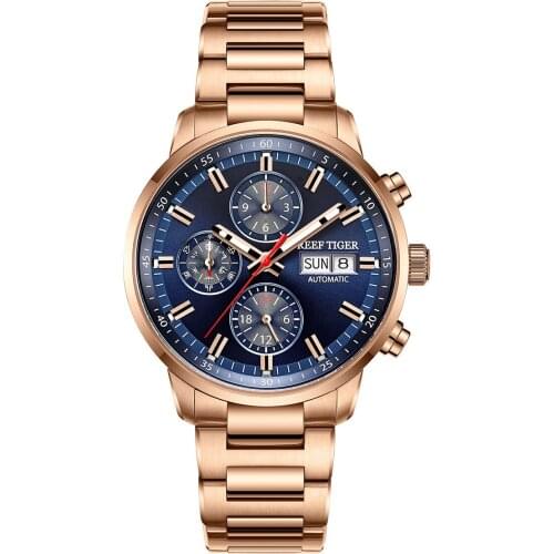 Reef Tiger Mens Chronograph Watches, Men Sport Watch Automatic Mechanical Wristwatch 100M Waterproof Sapphire Steel Strap Luxury