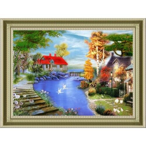 Needlework,DIY DMC Cross stitch,Set For Embroidery kit,Scenic,cottage,garden Lake tree Pattern Counted Cross-Stitch,Sewing Kit