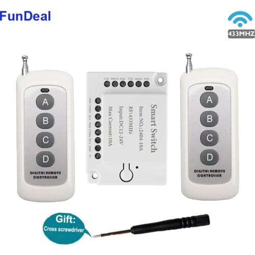 FunDeal 433 MHz universal wireless RF remote control switch DC12V 24V 4CH 10A relay receiver and 433 MHz 4CH RF transmitter
