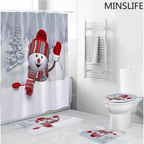 Lovely Hello Snowman Shower Curtain Waterproof Fabric Merry Christmas Bathroom Curtains Non-slip Bath Mat Lid Toilet Rug Set