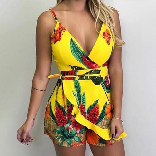Ladies Slim Temperament Printed Sling One-piece Shorts Womens V-neck Sling Sleeveless Fashion One-piece Shorts