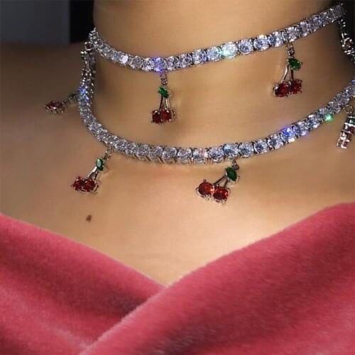 1 Pcs Fashion Women Necklaces Cherry Pendant Square Crystal Clavicle Chain Silver Color Necklace Charm Gift Lady Jewelry