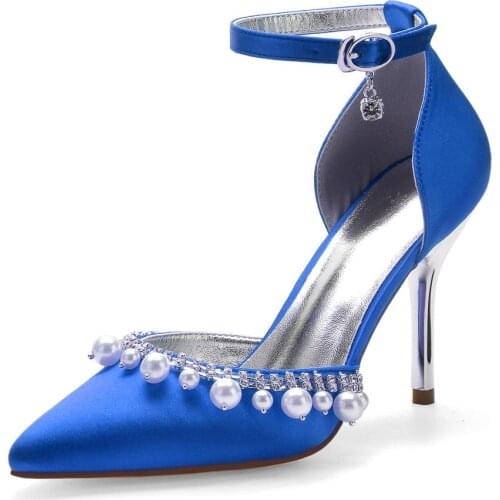 2020 High Heels Satin Pearls Wedding Shoes Women Pointed Toe Ankle Buckle Strap Formal Party Ladies Dress Pumps