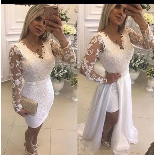 ANGELSBRIDEP A-Line Lace Wedding Dress 2021 With Sash Vintage Appliques Pearls V-Neck Detachable Court Train Skirt Bride Dresses