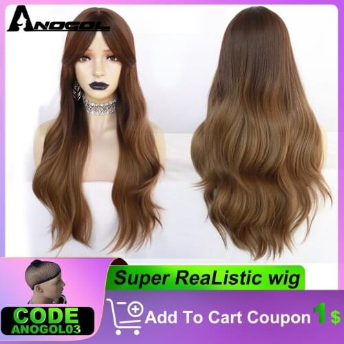 Anogol Long Ombre Brown Wavy Synthetic Wigs for Women Wigs with Bangs Heat Resistant Blonde Cosplay Wigs Daily Natural Hair