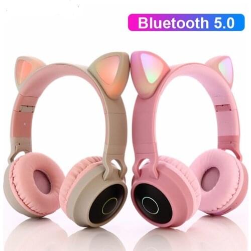 Flash LED Cat Ear Wireless Headphones Bluetooth 5.0 Foldable Support TF Card Pluggable line 3.5mm With Mic Adult Kids Universal