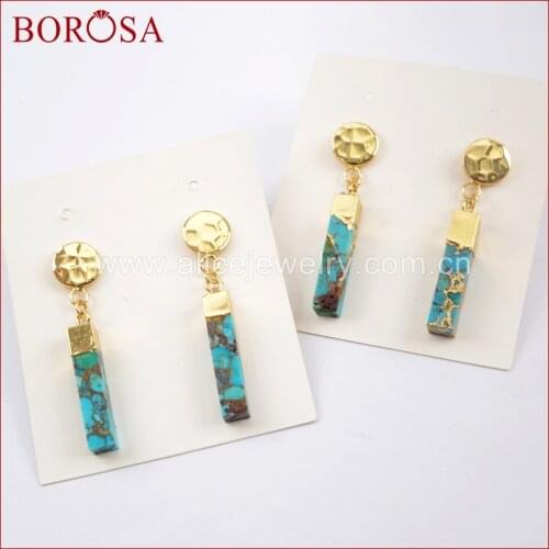 BOROSA 5Pairs Gold Color Copper Turquoises Natural Blue Stone Cuboid Bar With Gold Coin Dangle Earrings Jewelry for Women G1630