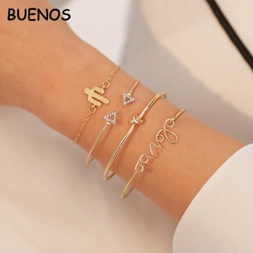 BUENOS Hot Sales 4 PCS/ Set Hand Set Letters LOVE Geometric Knot Gold Color Alloy Women Bracelet Bangles Women Jewelry