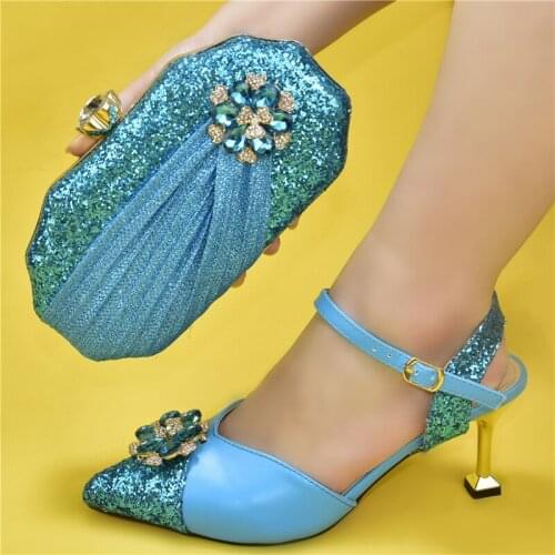 Doershow beautiful Shoes and Bag Set African Sets 2021 teal blue Color Italian Shoe Bag Set Decorated with Rhinestone! SPU1-10