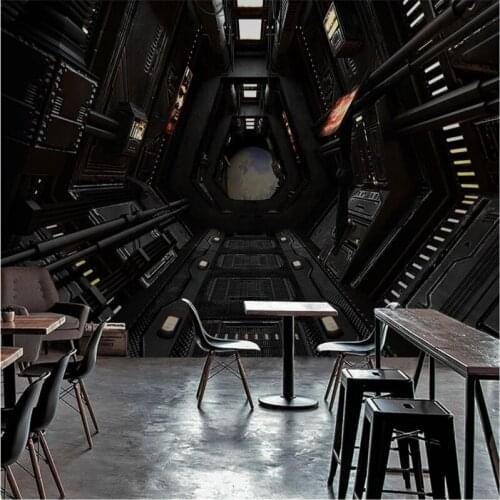 Abstract 3D Spaceship Tunnel Photo Wallpapers for Restaurant Cafe Bar Industrial Decor Black Space Wall Mural Wall Paper 3D