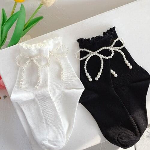 Cotton Pearl Bow Wooden Ear Tube Socks Japanese and Korean College Style Girl harajuku accessories Cute Socks ruffles women