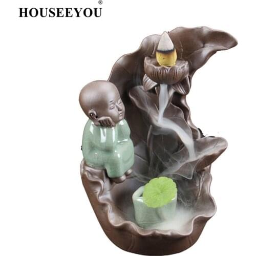 HOUSEEYOU Meditation Little Monk Backflow Waterfall Incense Burner Ice Crack Ceramic Stick Incense Holder Aromatherapy Censer