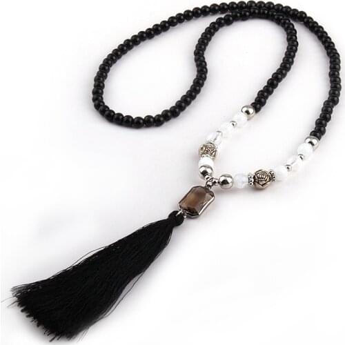 Fashion Black Stones Rosary Chain Link Long Tassel Necklace