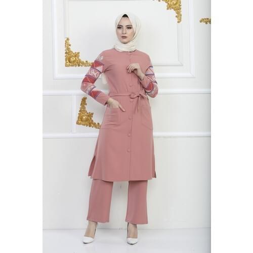 Muslim Women 'S Sleeves Embroidered Hijab Suit-Powder