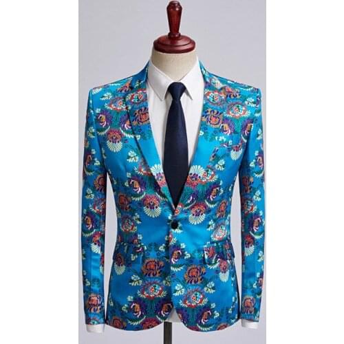 Sky Blue Floral Print Suit Jacket Man Fashion Leisure Time Casual Slim Fit Blazer Plus Size Stage Singer Wedding Costume