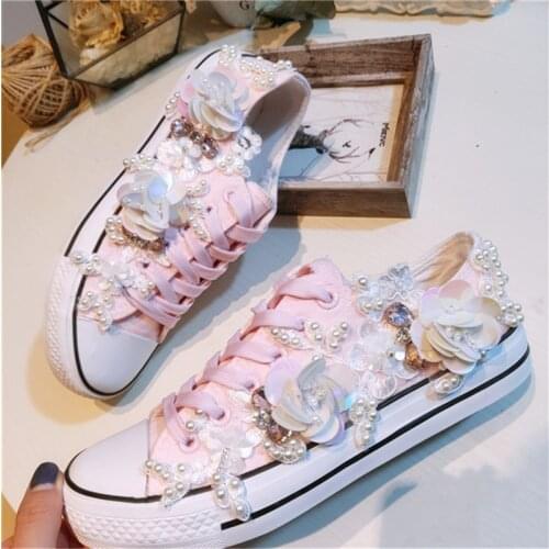 New Korean version of rhinestone pearl hand-sewn lace beaded low-top canvas shoes flat casual sneakers