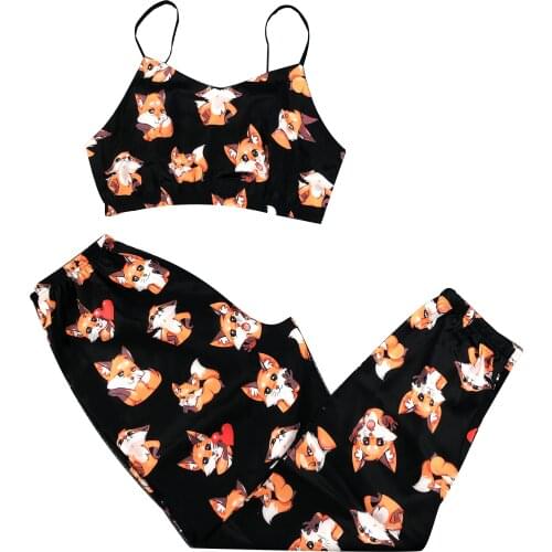 EV&RE Sleeveless Spaghetti Strap Top with Long Pants Sleepwear Cartoons Printed Lovely Women’s Pajamas Suits Summer Pijama