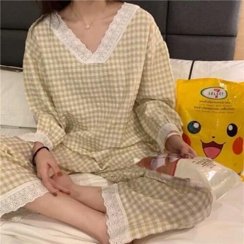 Pajama Sets Women Spring Plaid V-Neck Female Sleepwear Korean Style Harajuku All-match Sweet Students Simple Fashion Nightwear