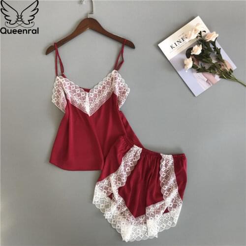 Queenral Womens Sleep Lounge Pajama Sets Sexy Lingerie Pyjamas Femme Silk Satin Summer Nightie Home Suit Sexy Lace Pijamas Set