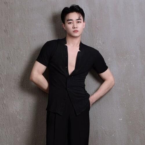 Latin Dance Shirts Men Short Sleeve Top Practice Clothes Male Tango Salsa Samba Rumba Cha Cha Dancing Performance Wear DN9348