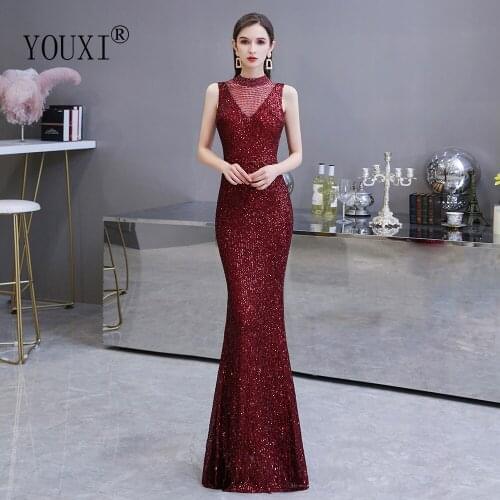 Dark Red Evening Dresses Long Sexy Hollow Back Sequin Beading O-Neck Mermaid Formal Gown Burgundy Robe de Soiree Longue