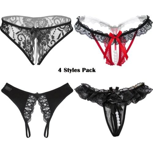 Womens 4 Styles Pack Sexy Lace Underwear Cute Breathable Floral Crotchless Panties Perfect Gift For Girlfriend