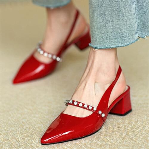 Slingback Sandals Pumps Womens Bright Cow Leather Diamonds Pumps Pointed Toe Mid Heel Wedding Dating Nightclub shoes