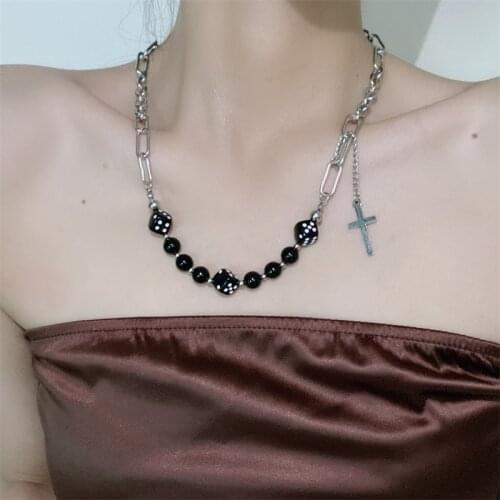 U-Magical Punk Asymmetry Chunky Chain Cross Metal Cross Pendant Necklace for Women Cube Black Dice Beaded Necklace Jewelry