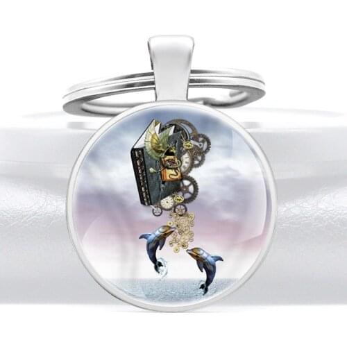 Steampunk Gear And Dolphin Pattern Glass Dome Unique Keychains Men Women Keyring Jewelry Gifts