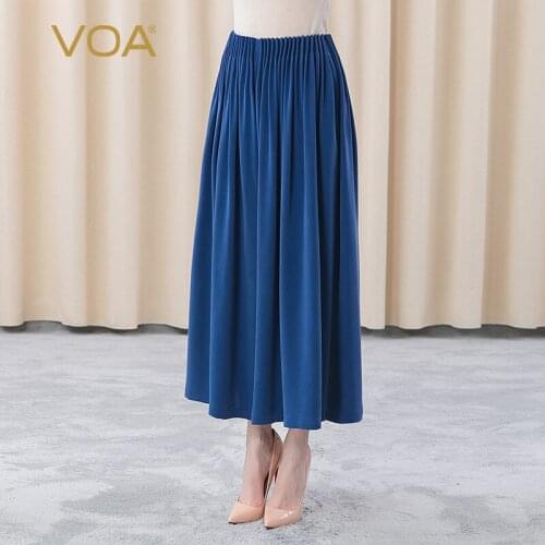 VOA 30m/m Heavy Silk Sea Blue Waist Three-dimensional Fold Oblique Pocket Streetwear Wide Leg Pant KE265 Silk Pants for Women