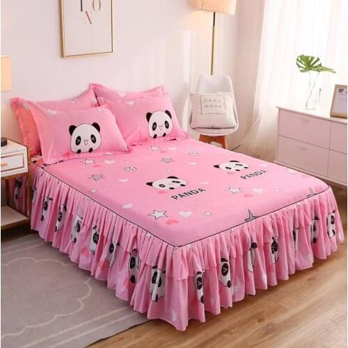 High-end Double Bed Sheets Pink Panda 21style Bed Skirt Suitable for Various Size Beds Mattress 1 Bed Skirt + 2 Pillowcase F0038