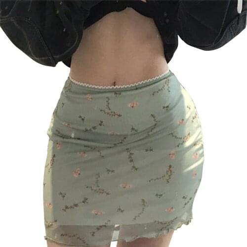 Women Spring Summer Fashion Trendy Cute Green Mesh Bodycon Retro Floral Print High Waist Lettuce Trim Elegant Pencil Mini Skirt