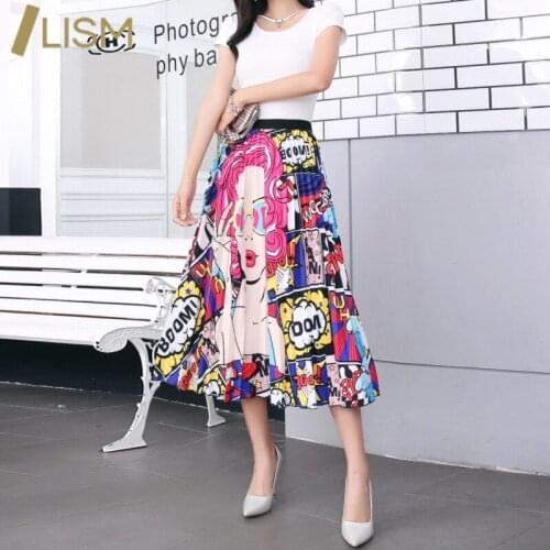 3D Character Printing Pleated Skirt Women Vintage High Waist Drawstring Skirt Casual Woman Pleated Elastic Waist Skirts