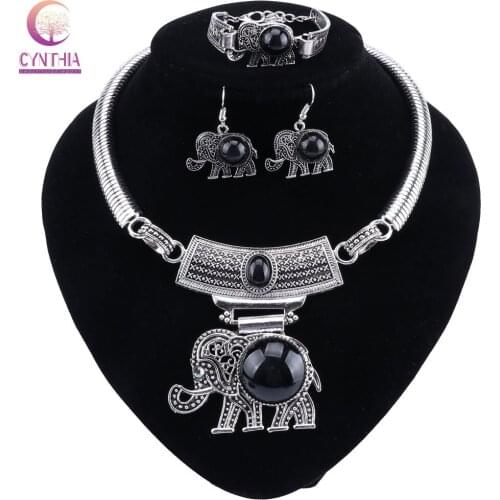 CYNTHIA Black Stone Jewelry Sets Vintage Necklace Earrings Bracelet For Women Elephant Pendant Fashion Party Fashion Jewelry