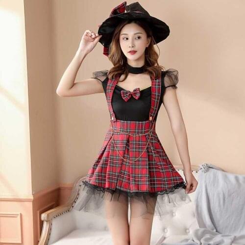 Red Plaid & Black Mesh Sweet School Girl Uniform Halloween Costumes For Women Adult Cosplay Outfit Sexy Japanese Student Costume