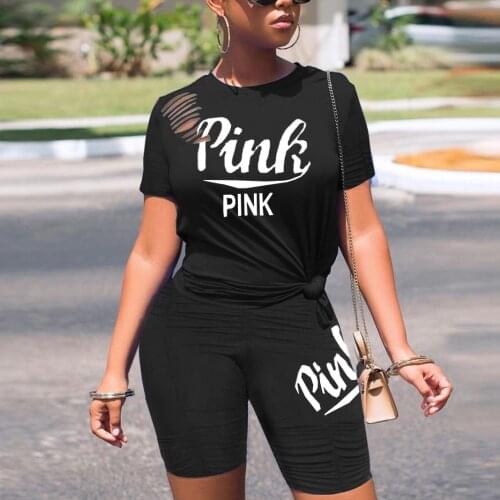 2021 New Women Shorts Set Casual Clothing Set Summer Pink Letter Two Piece Sets Workout Joggings Running Sportswear Tracksuit