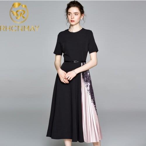 Vintage Elegant Black Midi Office Lady Work Dress Summer Print Pleated Patchwork A Line Casual Chic Dress Plus Size S-3XL