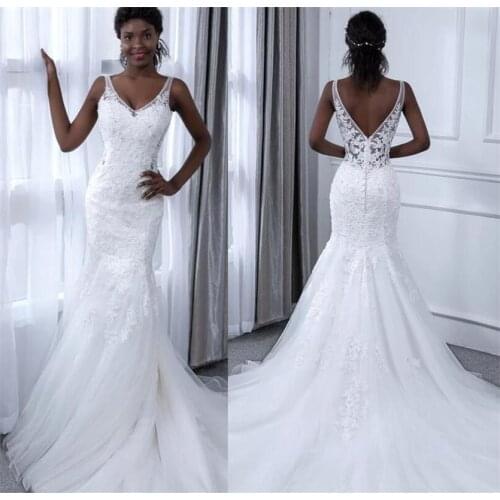 White Lace Mermaid Wedding Dresses for Women 2021 V-Neck Sleeveless White African Bridal Gowns Lace vestidos de noiva sereia