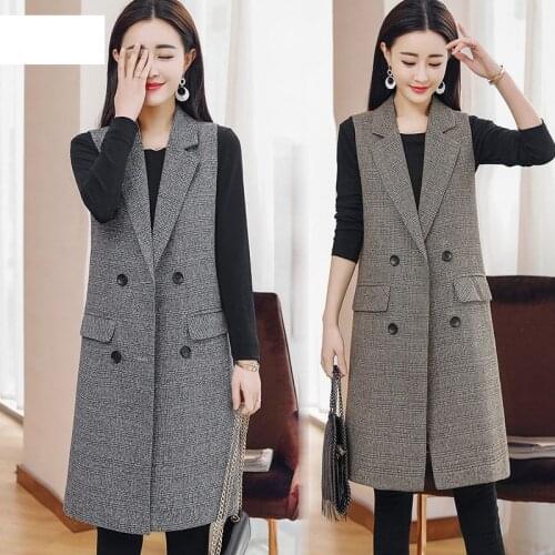 2021 New Spring Woolen Long Plaid Vest Womens Sleeveless Blazer Women Suit Vest Female Waistcoat Office Long Casual Vest WF210