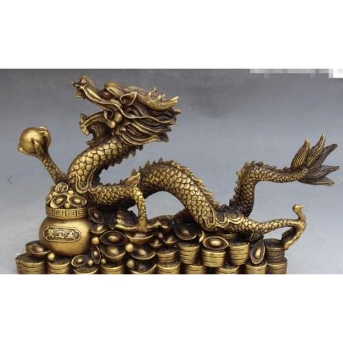 11"Chinese Pure Bronze Wealth Yuanbao Treasure Bowl Dragon Dragons Animal Statue