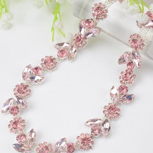 2Yards Flower Rhinestone Trim Crystal Trimming Copper Chain Dress Sewing Pink Clear Diamond Applique
