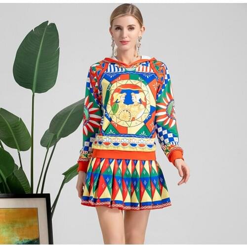 2021 Early Autumn Vintage Set Women Fashion Design Hooded Pullovers Top + Pleated Skirt Colorful Plaid Printed Two Pieces Set