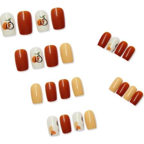 24pcs Orange Graffiti Wear Long Paragraph Fashion Manicure Patch False Nails Save Time Wearable Nail Patch MH88