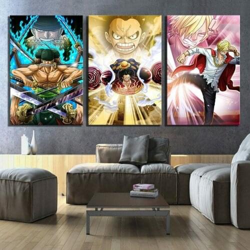3Pcs Luffy Zoro Sanji Straw Hat Pirate ONE PIECE Japan Anime Posters Wall Art Pictures Canvas Home Decor Accessories Paintings