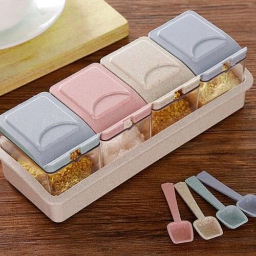 4 Pcs Kitchen Seasoning Spice Box Set with Storage Base Cruet Condiment Salt and Pepper Seasoning Cooking Case Tool
