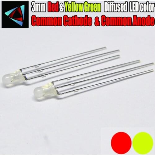 50pcs LED 3mm Diffused Red - Yellow Green Common Cathode & Common Anode 3 Pin Round 3 mm Bi-Color LED Diode