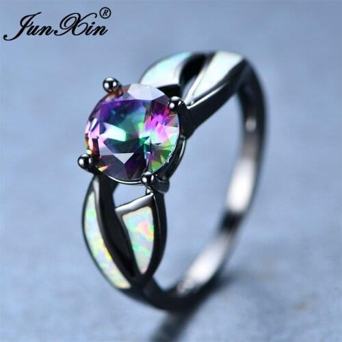 JUNXIN Brand Womens White Fire Opal Ring Fashion Rainbow Round Ring Black Gold Filled Jewelry Vintage Wedding Rings For Women