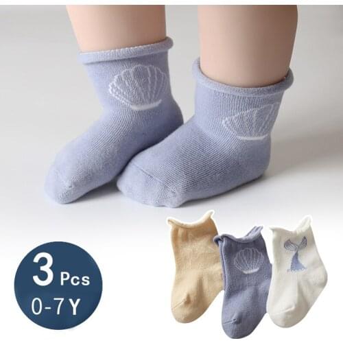 0-7Y 3PCS Baby Boys Gitls Unisex Cotton Solid Color Thin Sock， Non-Skid Soles Cartoon Pattern Autumn Winter Baby Wear