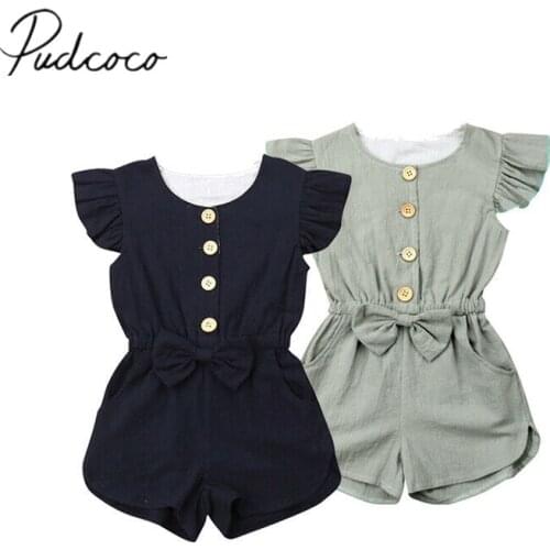 2019 Children Summer Clothing Toddler Kids Girls Cotton Short Romper Solid Jumpsuit Bow Clothes Outfit Sleeveless Sunsuit 1-6T